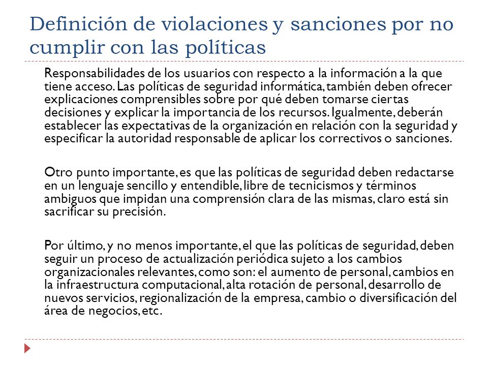 Definición de violaciones y sanciones por no cumplir con las políticas