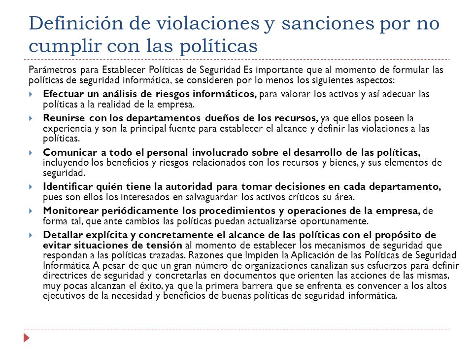 Definición de violaciones y sanciones por no cumplir con las políticas