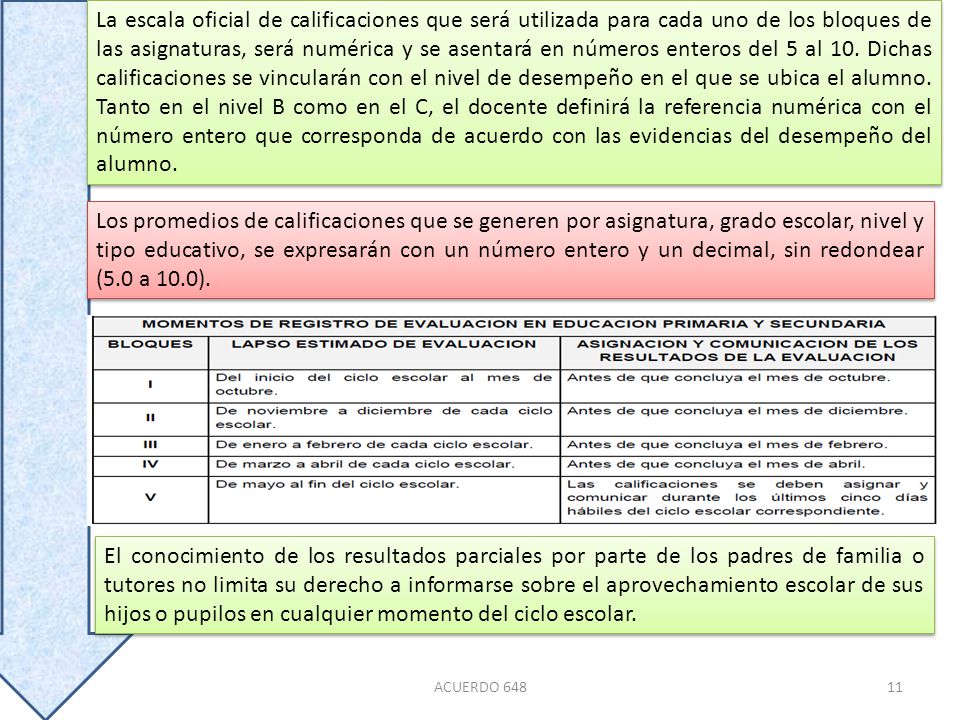 La escala oficial de calificaciones que será utilizada para cada uno de los bloques de las asignaturas, será numérica y se asentará en números enteros del 5 al 10. Dichas calificaciones se vincularán con el nivel de desempeño en el que se ubica el alumno. Tanto en el nivel B como en el C, el docente definirá la referencia numérica con el número entero que corresponda de acuerdo con las evidencias del desempeño del alumno.