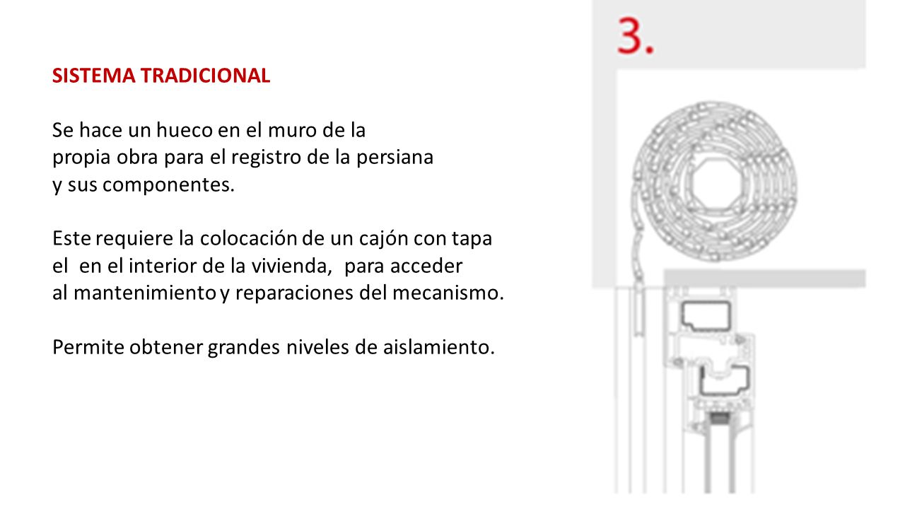 SISTEMA TRADICIONAL Se hace un hueco en el muro de la. propia obra para el registro de la persiana.