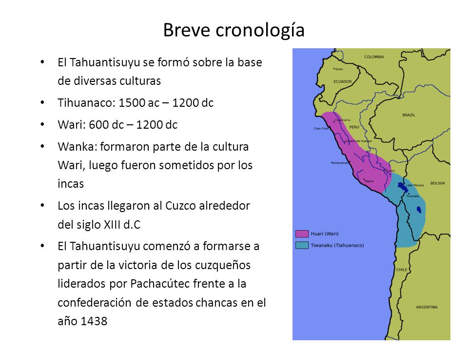 Breve cronología El Tahuantisuyu se formó sobre la base de diversas culturas. Tihuanaco: 1500 ac – 1200 dc.