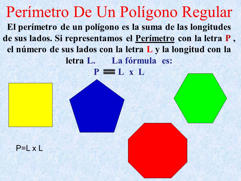 Perímetro De Un Polígono Regular El perímetro de un polígono es la suma de las longitudes de sus lados. Si representamos el Perímetro con la letra P , el número de sus lados con la letra L y la longitud con la letra L. La fórmula es: P L x L