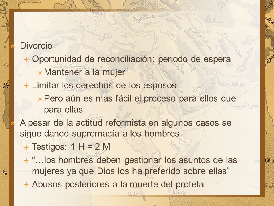 Divorcio Oportunidad de reconciliación: periodo de espera. Mantener a la mujer. Limitar los derechos de los esposos.