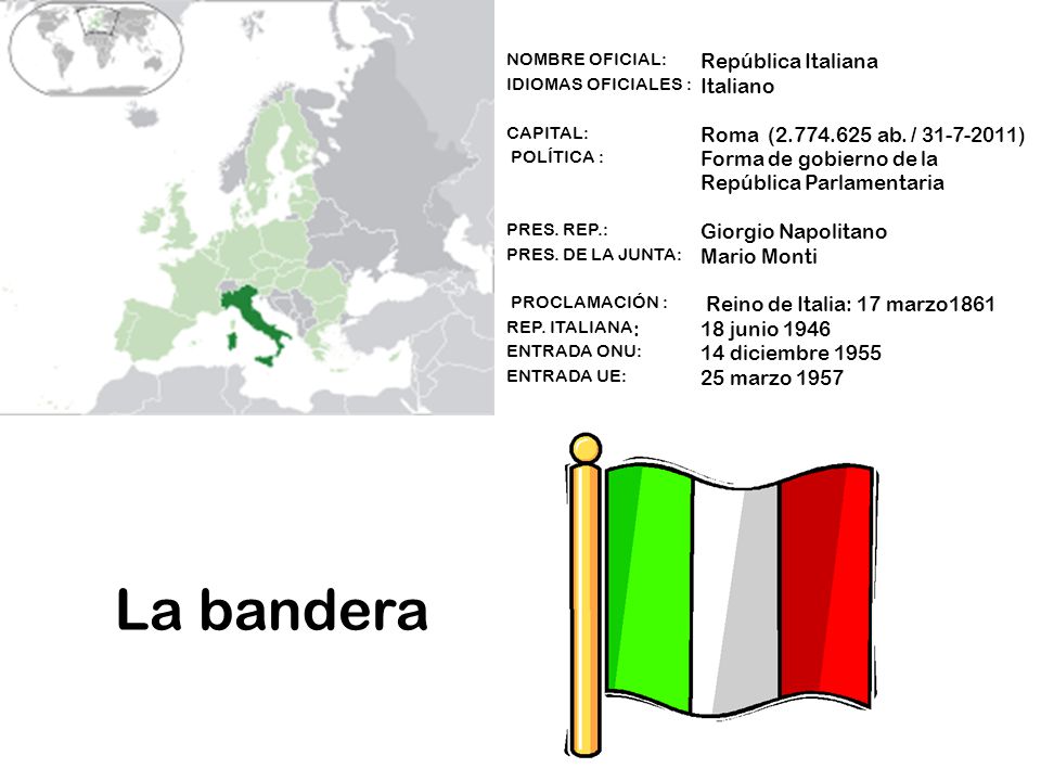 NOMBRE OFICIAL:. República Italiana IDIOMAS OFICIALES :