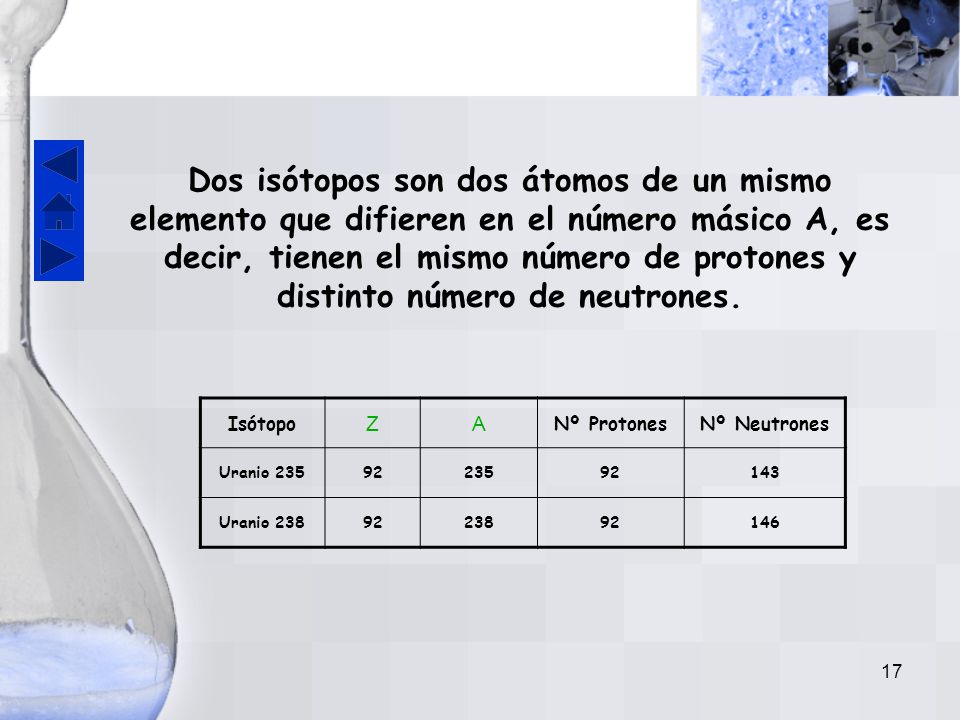 Dos isótopos son dos átomos de un mismo elemento que difieren en el número másico A, es decir, tienen el mismo número de protones y distinto número de neutrones.