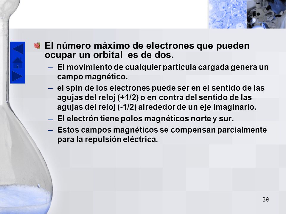 El número máximo de electrones que pueden ocupar un orbital es de dos.