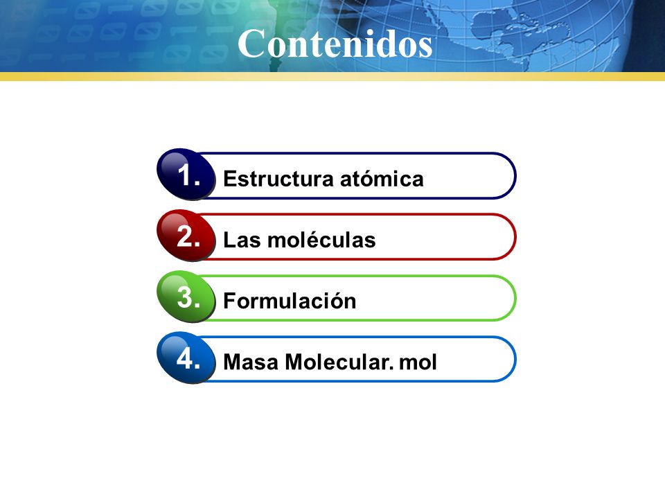 Contenidos Estructura atómica Las moléculas Formulación