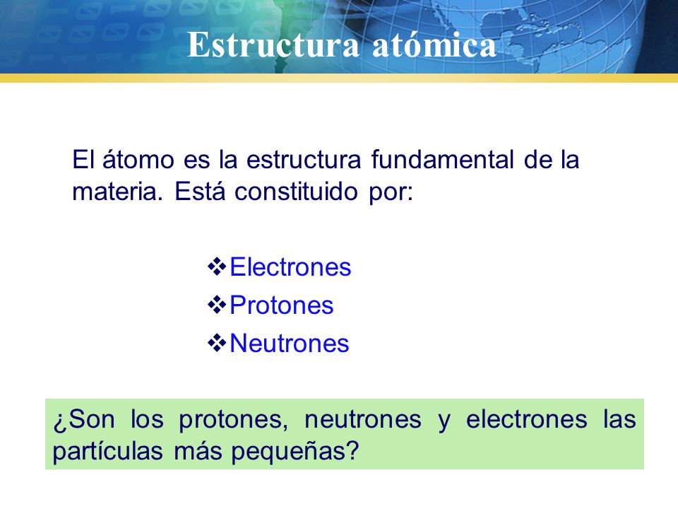 Estructura atómica El átomo es la estructura fundamental de la materia. Está constituido por: Electrones.