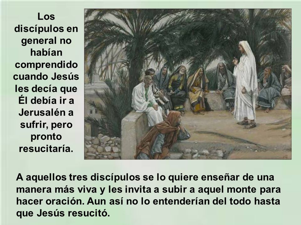 Los discípulos en general no habían comprendido cuando Jesús les decía que Él debía ir a Jerusalén a sufrir, pero pronto resucitaría.