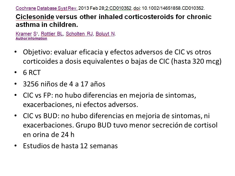 Objetivo: evaluar eficacia y efectos adversos de CIC vs otros corticoides a dosis equivalentes o bajas de CIC (hasta 320 mcg)