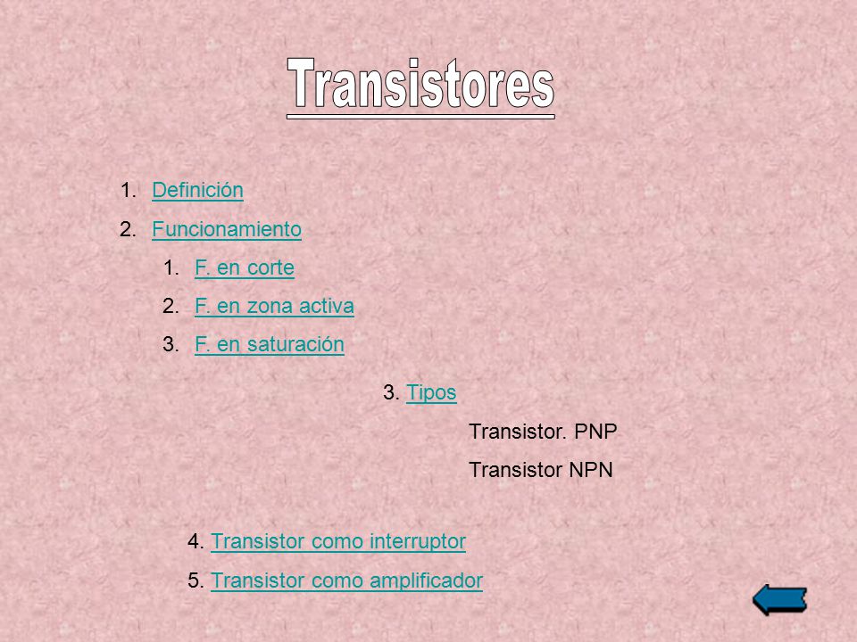 Transistores Definición Funcionamiento F. en corte F. en zona activa