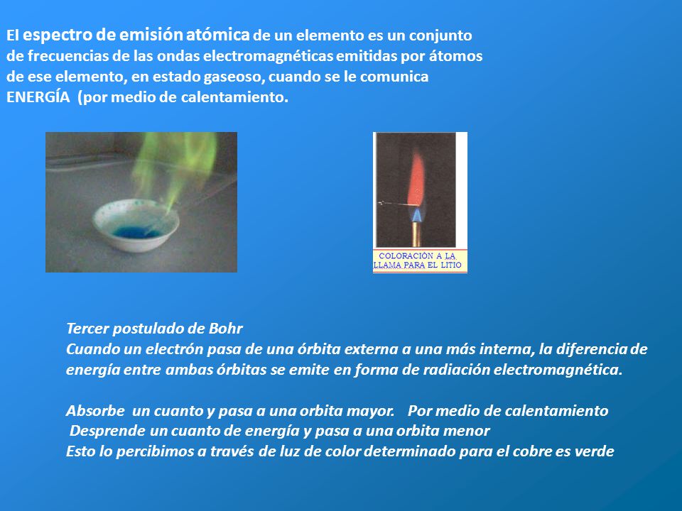 El espectro de emisión atómica de un elemento es un conjunto de frecuencias de las ondas electromagnéticas emitidas por átomos de ese elemento, en estado gaseoso, cuando se le comunica ENERGÍA (por medio de calentamiento.
