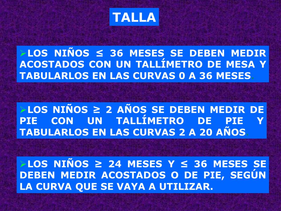 TALLA LOS NIÑOS ≤ 36 MESES SE DEBEN MEDIR ACOSTADOS CON UN TALLÍMETRO DE MESA Y TABULARLOS EN LAS CURVAS 0 A 36 MESES.
