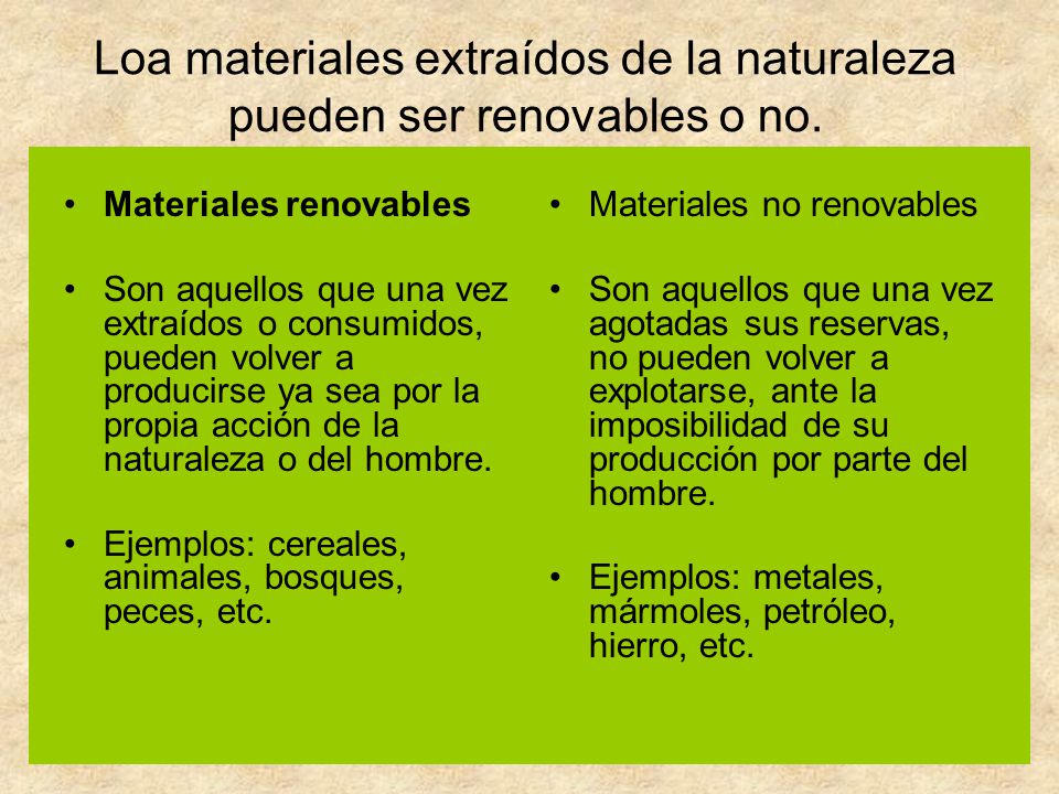 Loa materiales extraídos de la naturaleza pueden ser renovables o no.