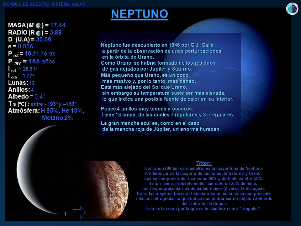 NEPTUNO P rev = 165 años MASA (M ) = 17,44 RADIO (R ) = 3,88