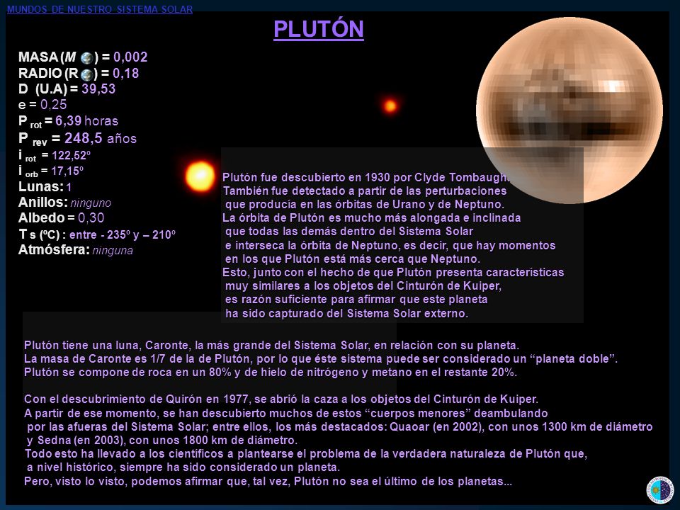PLUTÓN P rev = 248,5 años MASA (M ) = 0,002 RADIO (R ) = 0,18