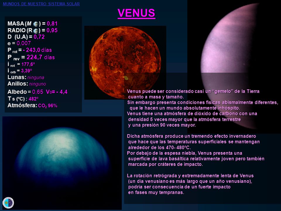 VENUS P rev = 224,7 días MASA (M ) = 0,81 RADIO (R ) = 0,95
