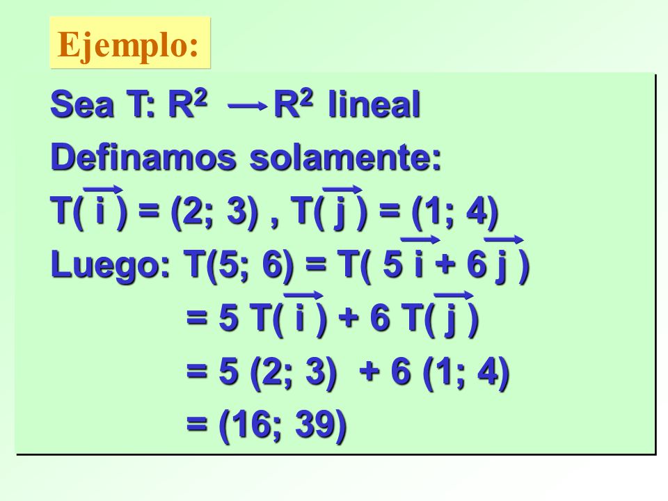 Ejemplo: Sea T: R2 R2 lineal. Definamos solamente: T( i ) = (2; 3) , T( j ) = (1; 4) Luego: T(5; 6) = T( 5 i + 6 j )