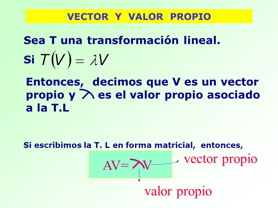vector propio AV= V valor propio Sea T una transformación lineal. Si