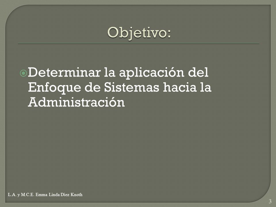 Objetivo: Determinar la aplicación del Enfoque de Sistemas hacia la Administración.