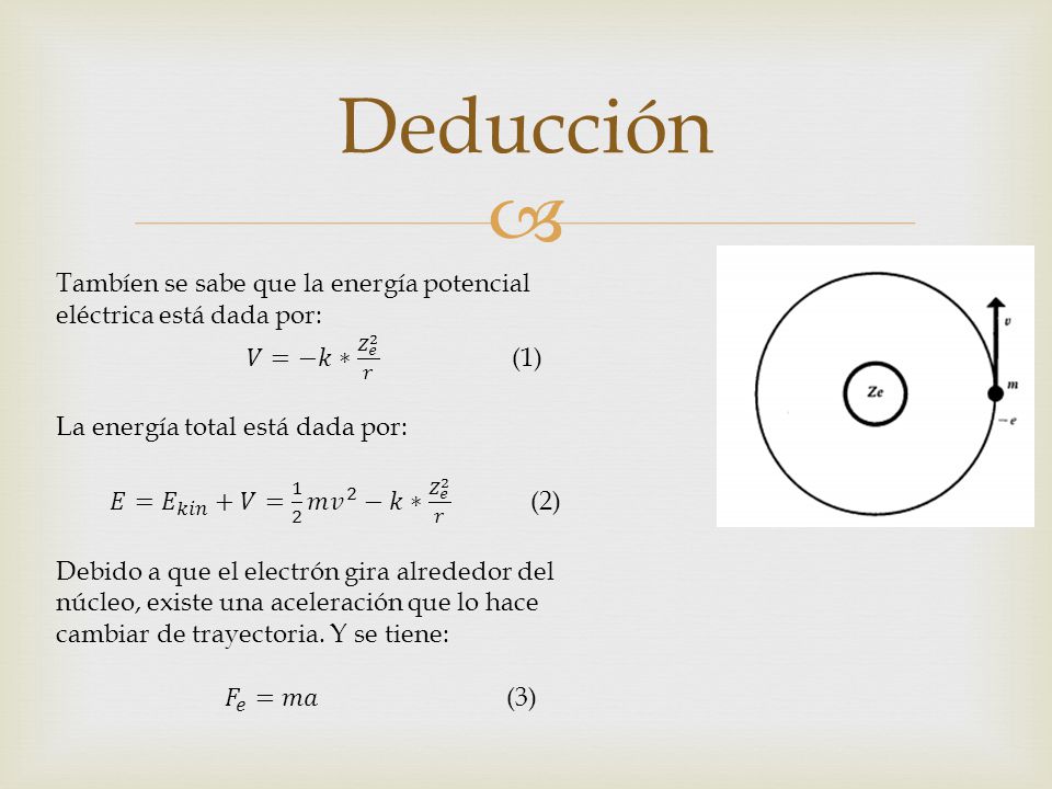 Deducción Tambíen se sabe que la energía potencial eléctrica está dada por: 𝑉=−𝑘∗ 𝑍 𝑒 2 𝑟 (1)