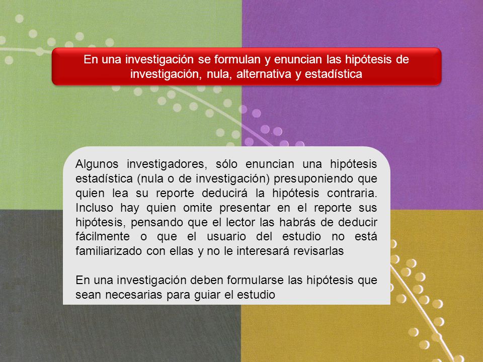 En una investigación se formulan y enuncian las hipótesis de investigación, nula, alternativa y estadística