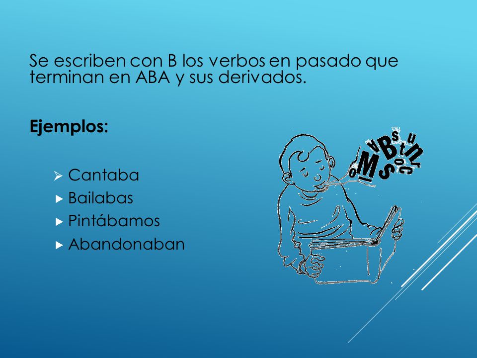 Se escriben con B los verbos en pasado que terminan en ABA y sus derivados.