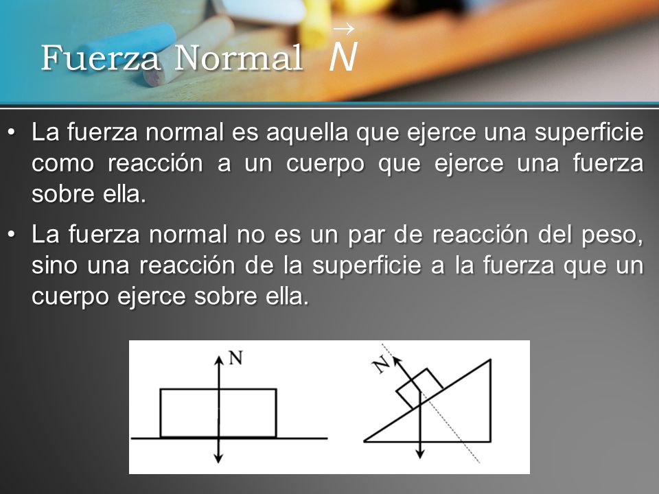 Fuerza Normal La fuerza normal es aquella que ejerce una superficie como reacción a un cuerpo que ejerce una fuerza sobre ella.