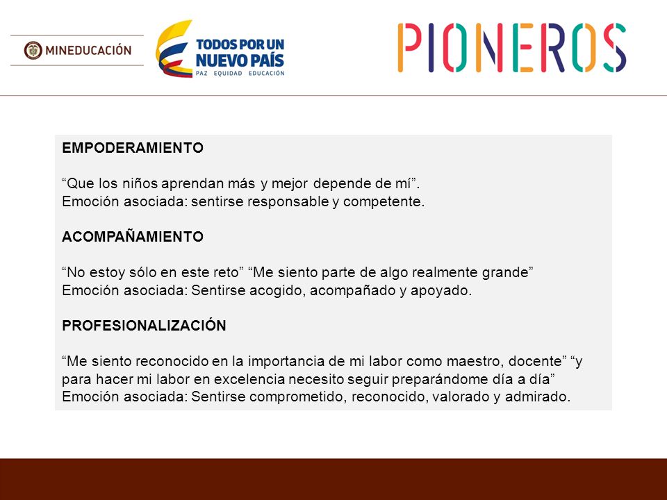 EMPODERAMIENTO Que los niños aprendan más y mejor depende de mí . Emoción asociada: sentirse responsable y competente.