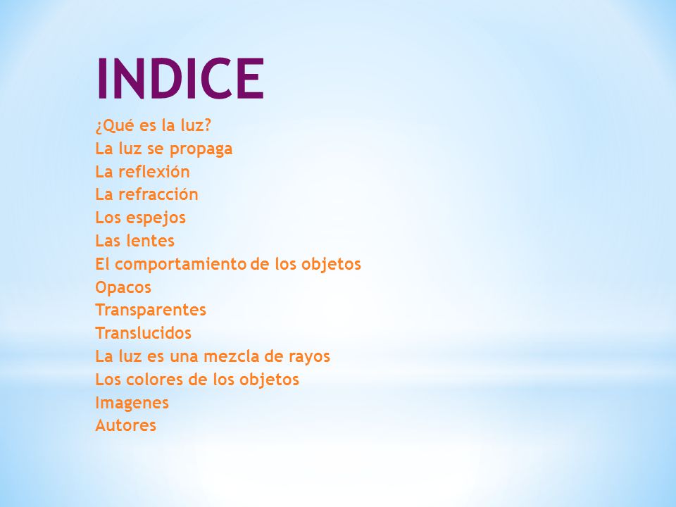 INDICE ¿Qué es la luz La luz se propaga La reflexión La refracción