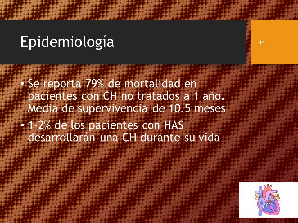 Epidemiología Se reporta 79% de mortalidad en pacientes con CH no tratados a 1 año. Media de supervivencia de 10.5 meses.