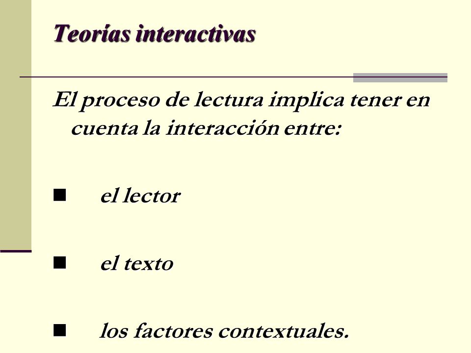 Teorías interactivas El proceso de lectura implica tener en cuenta la interacción entre: el lector.