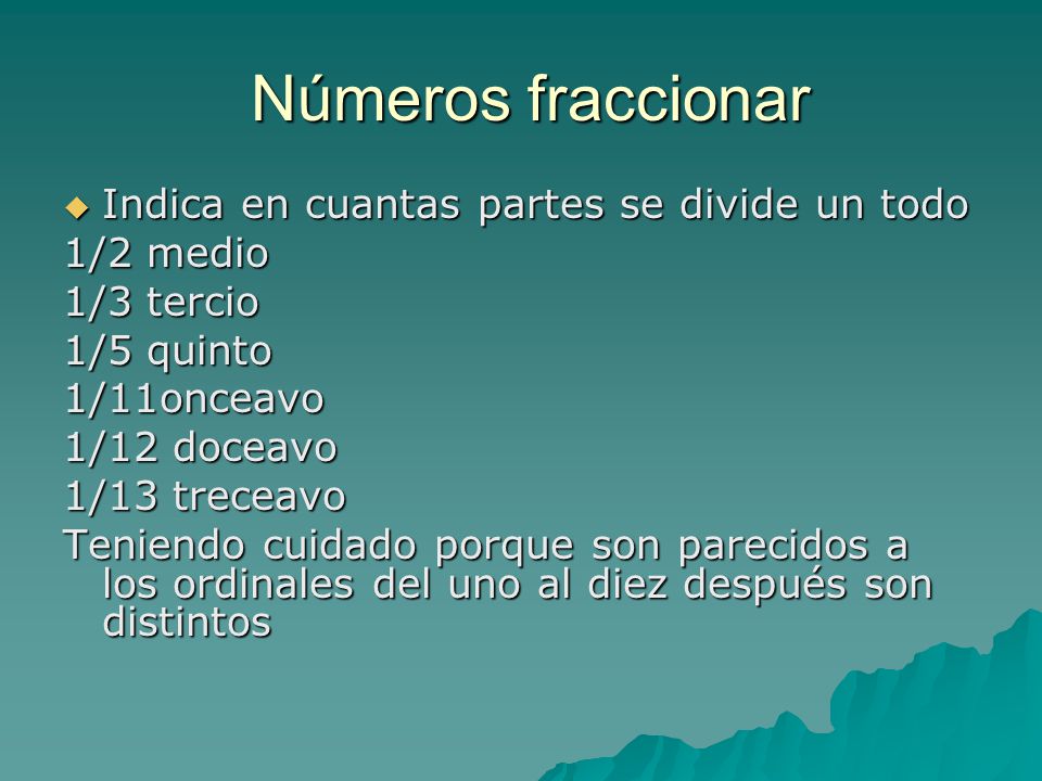 Números fraccionar Indica en cuantas partes se divide un todo