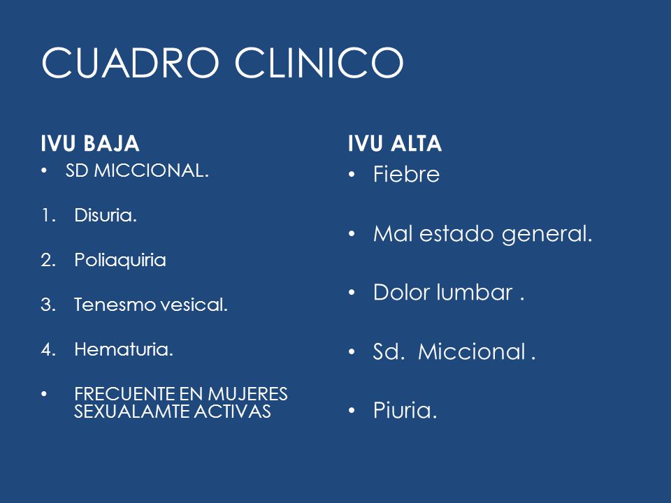 CUADRO CLINICO IVU BAJA IVU ALTA Fiebre Mal estado general.