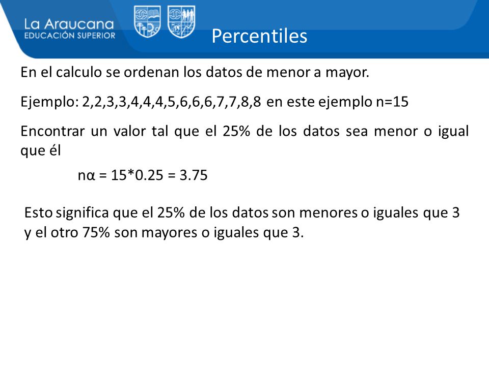 Percentiles En el calculo se ordenan los datos de menor a mayor.