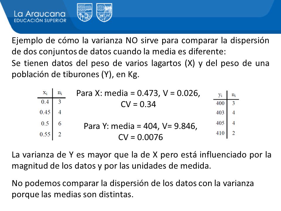 Ejemplo de cómo la varianza NO sirve para comparar la dispersión de dos conjuntos de datos cuando la media es diferente: