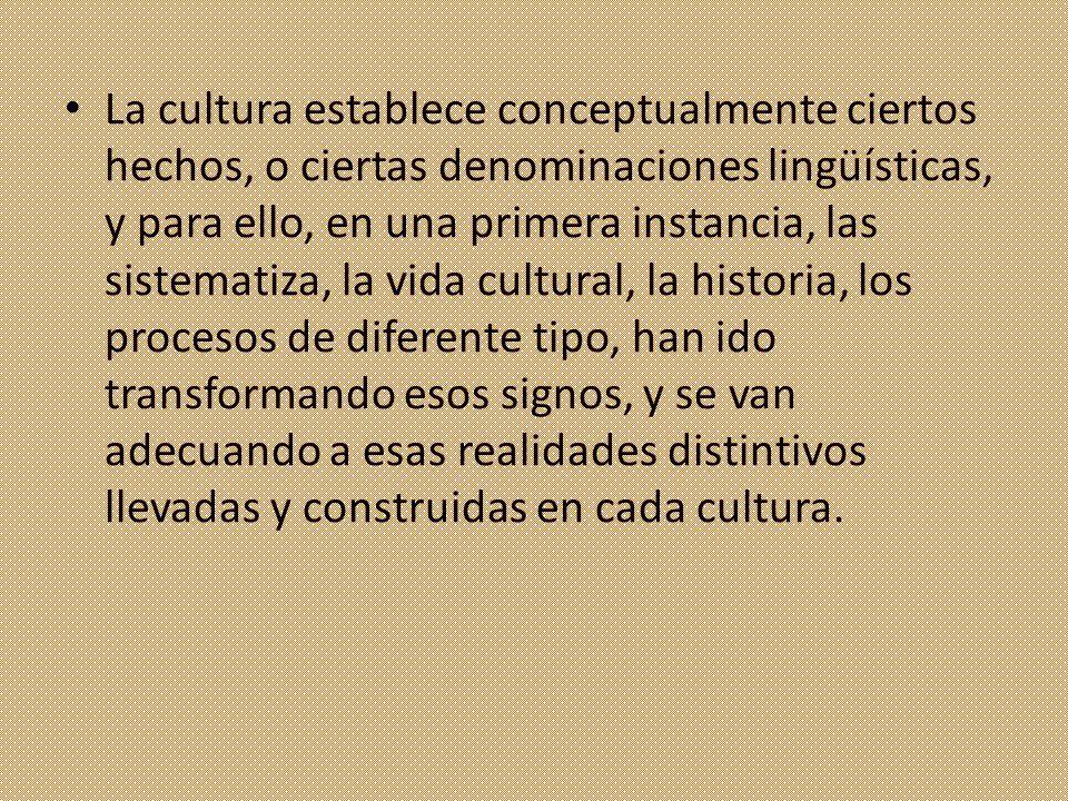 La cultura establece conceptualmente ciertos hechos, o ciertas denominaciones lingüísticas, y para ello, en una primera instancia, las sistematiza, la vida cultural, la historia, los procesos de diferente tipo, han ido transformando esos signos, y se van adecuando a esas realidades distintivos llevadas y construidas en cada cultura.