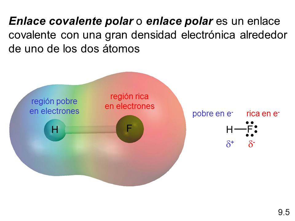 Enlace covalente polar o enlace polar es un enlace covalente con una gran densidad electrónica alrededor de uno de los dos átomos