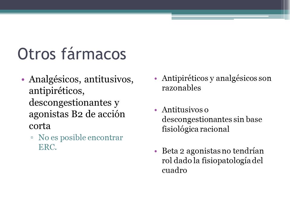 Otros fármacos Analgésicos, antitusivos, antipiréticos, descongestionantes y agonistas B2 de acción corta.