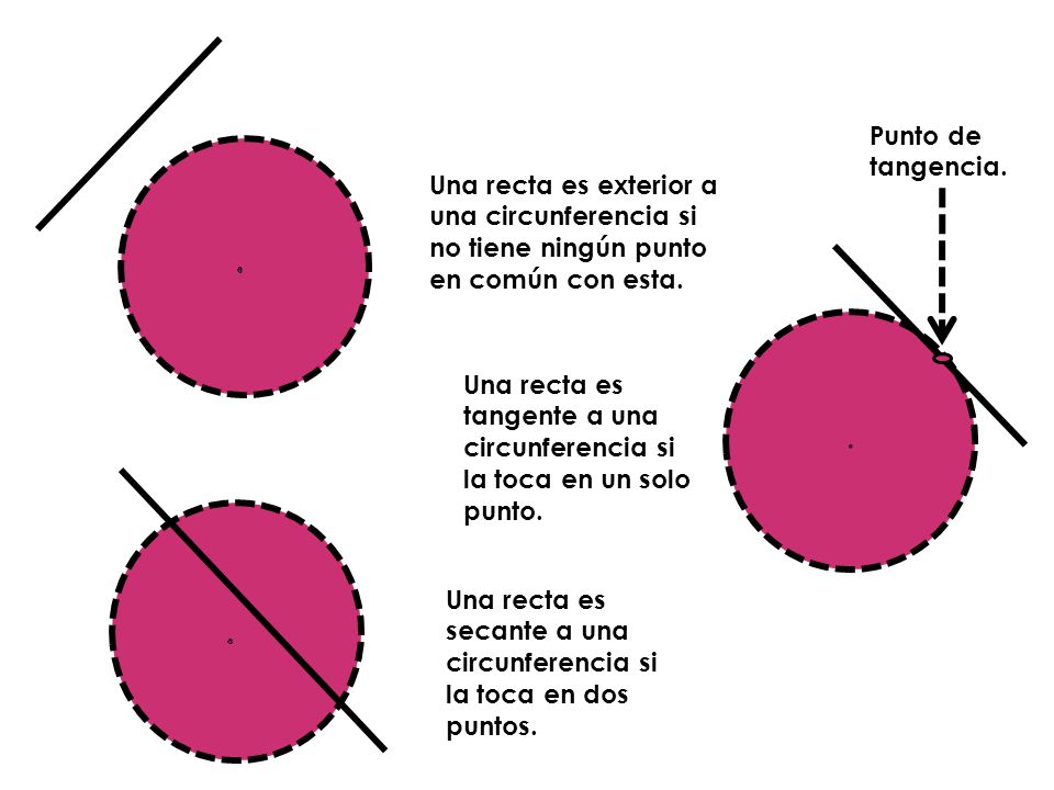 Punto de tangencia. Una recta es exterior a una circunferencia si no tiene ningún punto en común con esta.