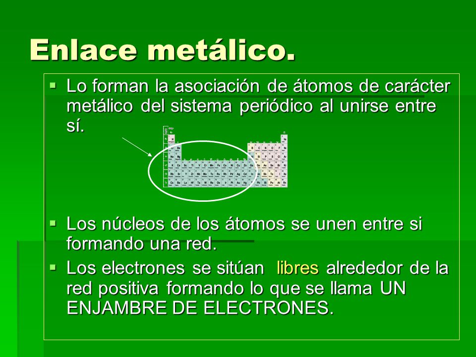 Enlace metálico. Lo forman la asociación de átomos de carácter metálico del sistema periódico al unirse entre sí.