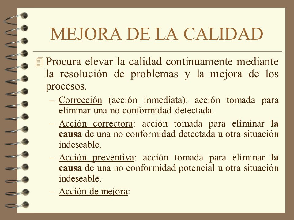 MEJORA DE LA CALIDAD Procura elevar la calidad continuamente mediante la resolución de problemas y la mejora de los procesos.