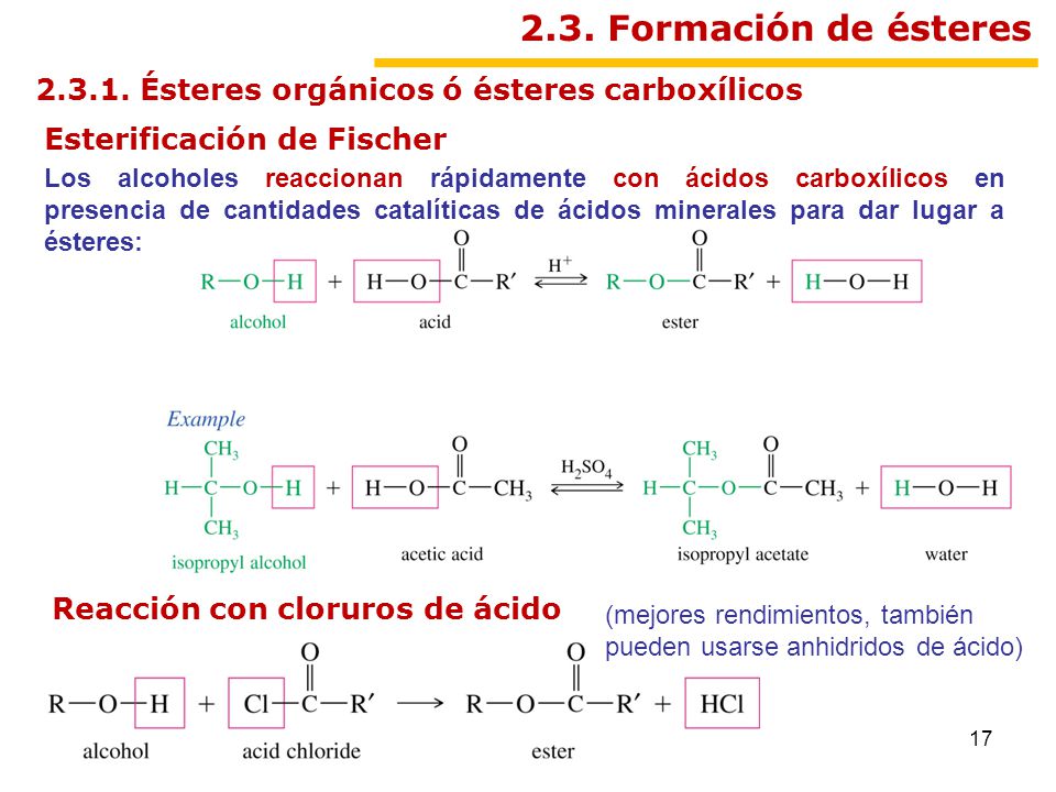 2.3. Formación de ésteres Ésteres orgánicos ó ésteres carboxílicos. Esterificación de Fischer.