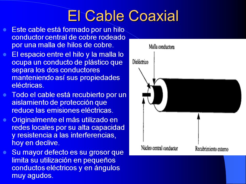 El Cable Coaxial Este cable está formado por un hilo conductor central de cobre rodeado por una malla de hilos de cobre.