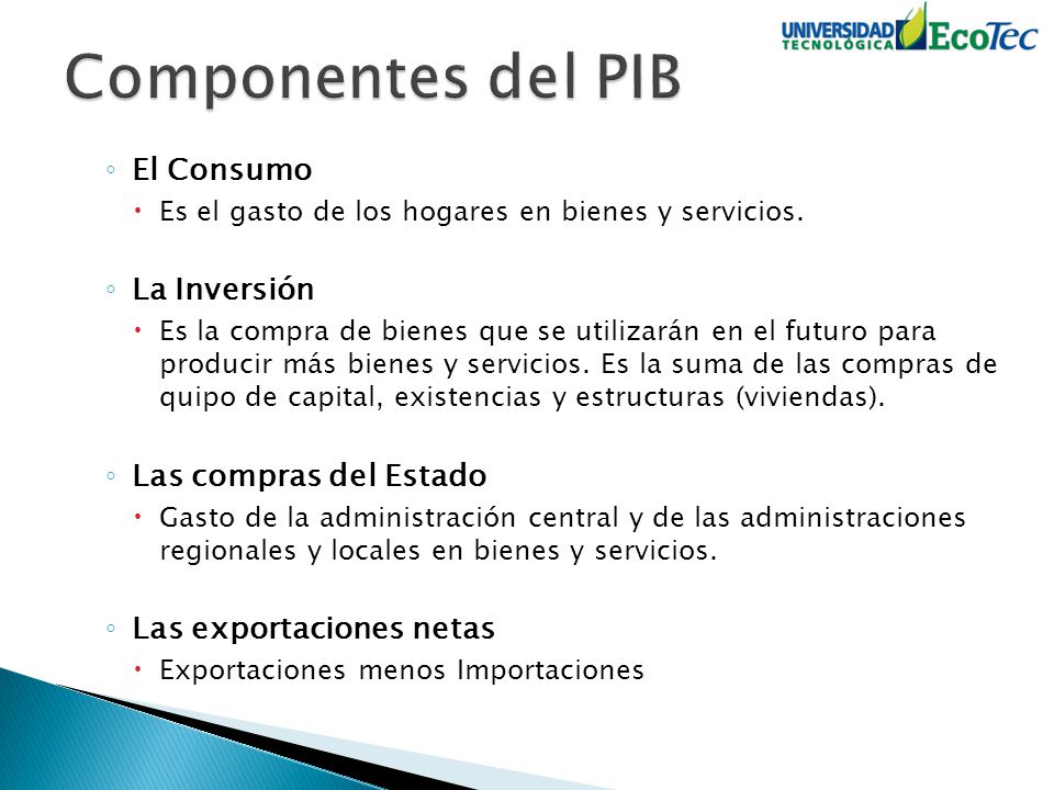 Componentes del PIB El Consumo La Inversión Las compras del Estado