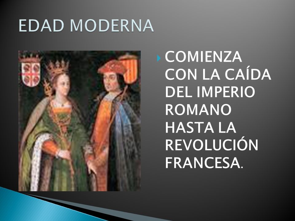 EDAD MODERNA COMIENZA CON LA CAÍDA DEL IMPERIO ROMANO HASTA LA REVOLUCIÓN FRANCESA.