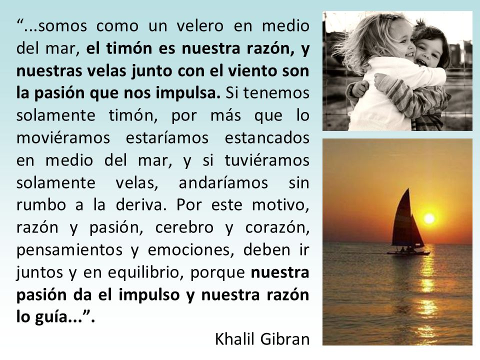 ...somos como un velero en medio del mar, el timón es nuestra razón, y nuestras velas junto con el viento son la pasión que nos impulsa.