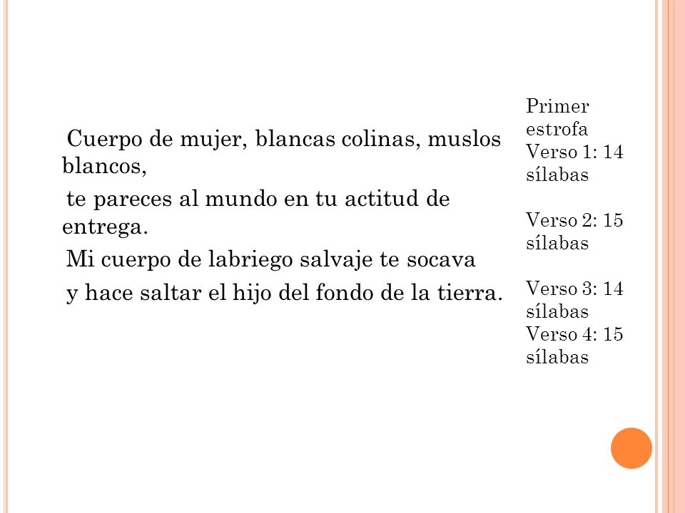 Primer estrofa Verso 1: 14 sílabas. Verso 2: 15 sílabas. Verso 3: 14 sílabas. Verso 4: 15 sílabas.