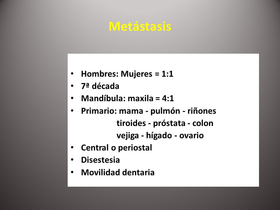 Metástasis Hombres: Mujeres = 1:1 7ª década Mandíbula: maxila = 4:1