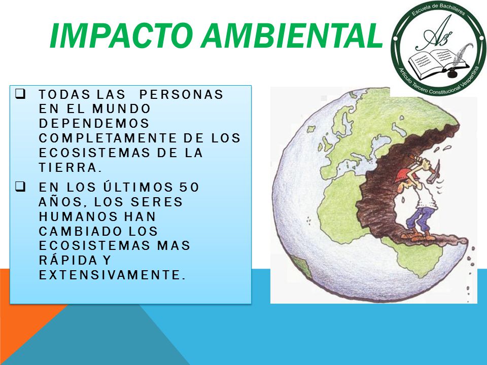 IMPACTO AMBIENTAL Todas las personas en el mundo dependemos completamente de los ecosistemas de la tierra.